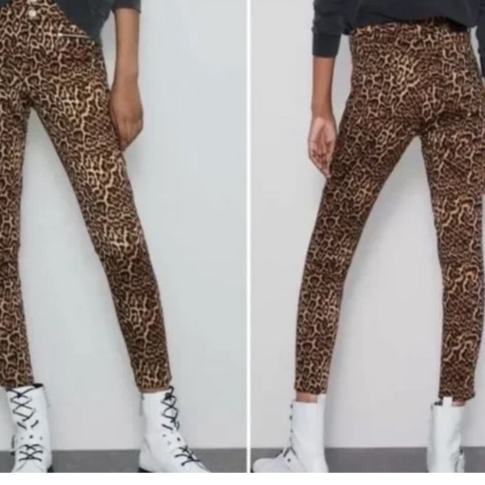 Zara Brown Leopard Print Mid Rise Zipper Pockets Pants - Picture 2 of 7